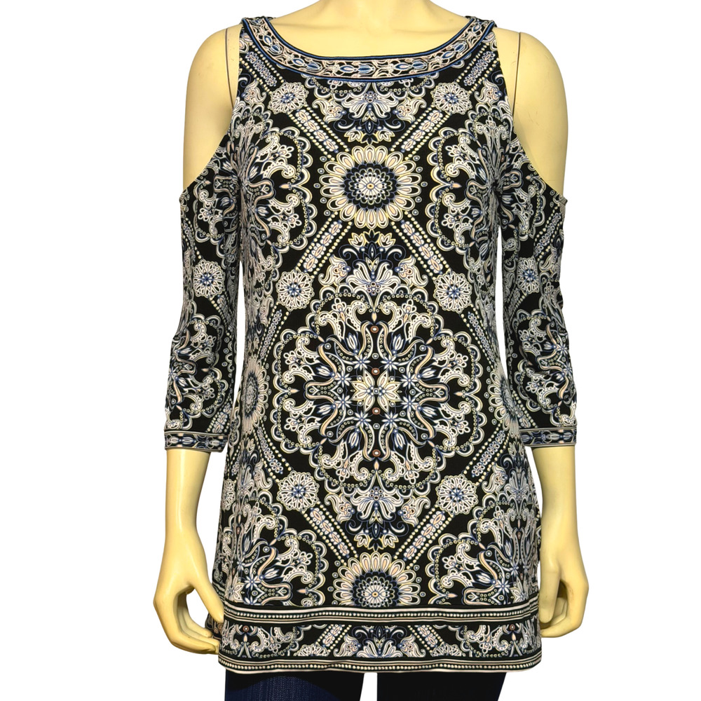 WHBM Sz S Blue Paisley Cold Shoulder Jersey Knit Pullover Top Baroque Print